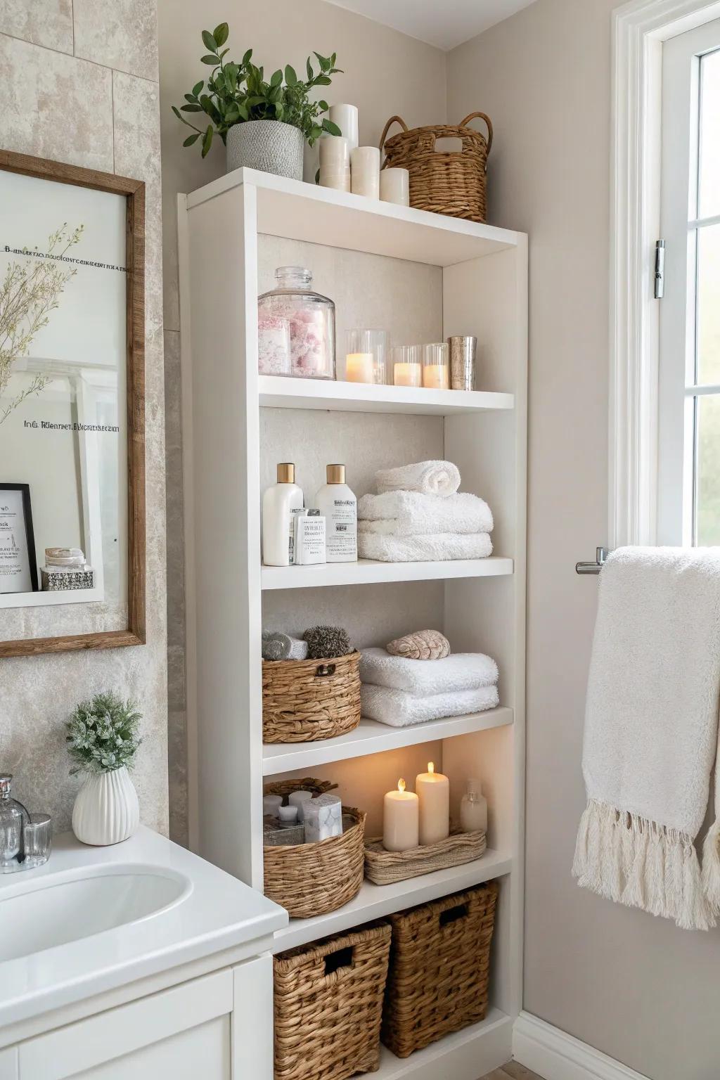Visible shelving showcases your bathroom necessities as a fashionable display.