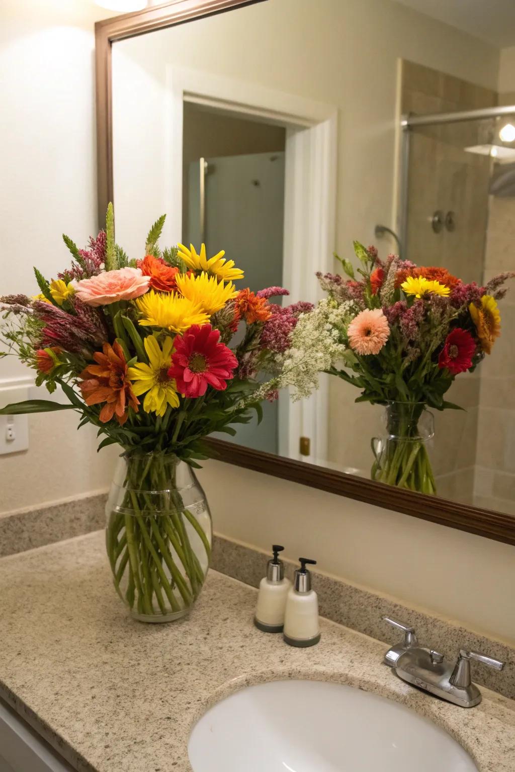 Start your day right with a vibrant floral feature on your bathroom counter.