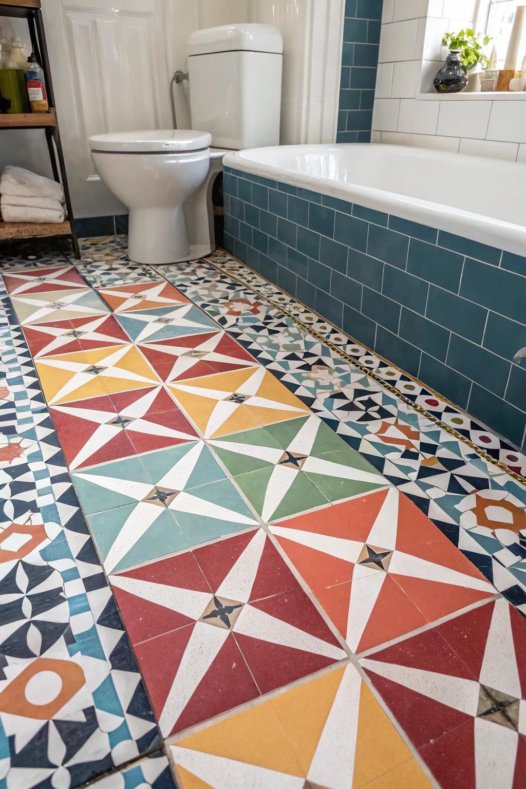 Geometric tiles lend a contemporary flair to bathroom floors.