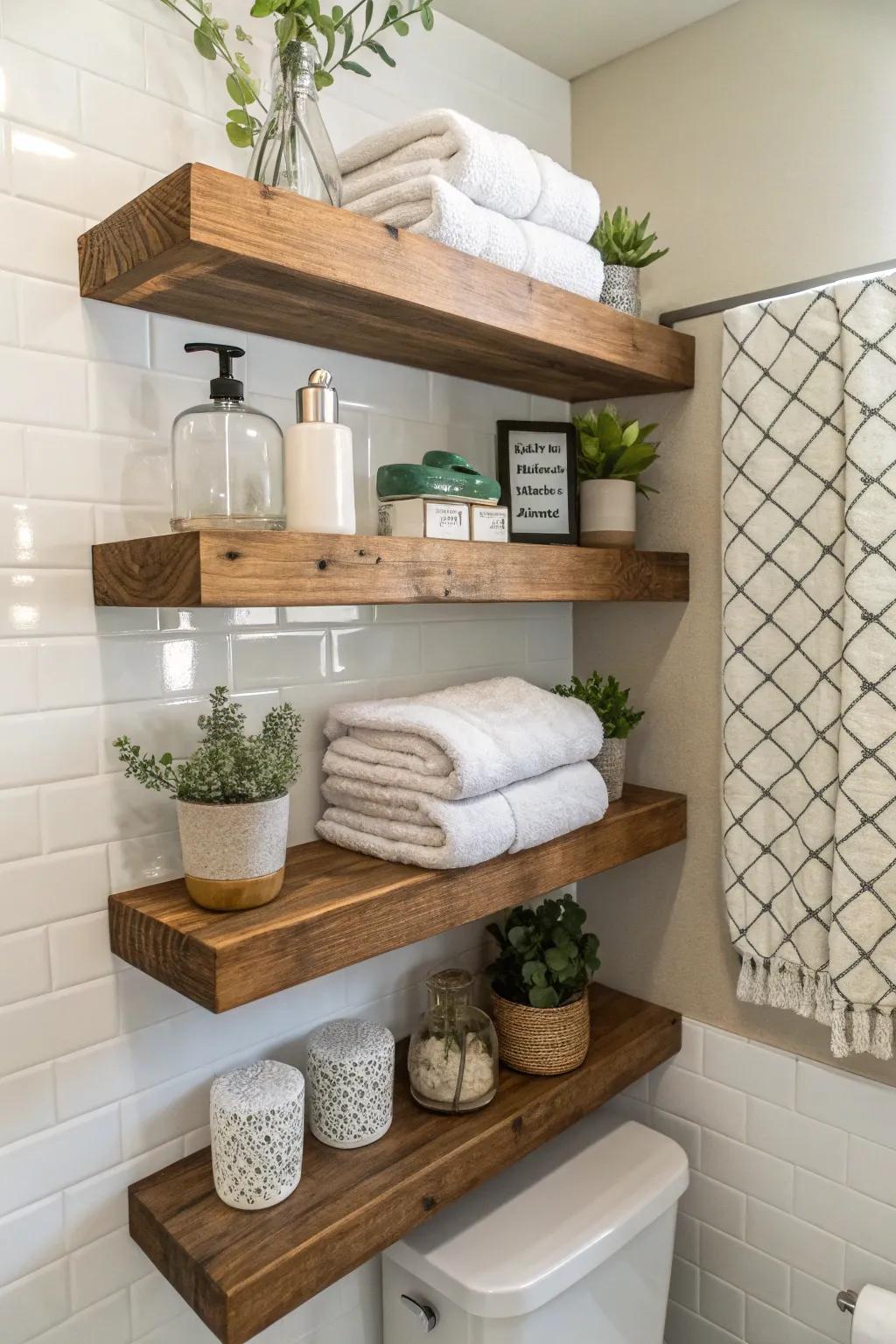 Wall-mounted shelves present a chic and useful method for exhibiting hand towels.