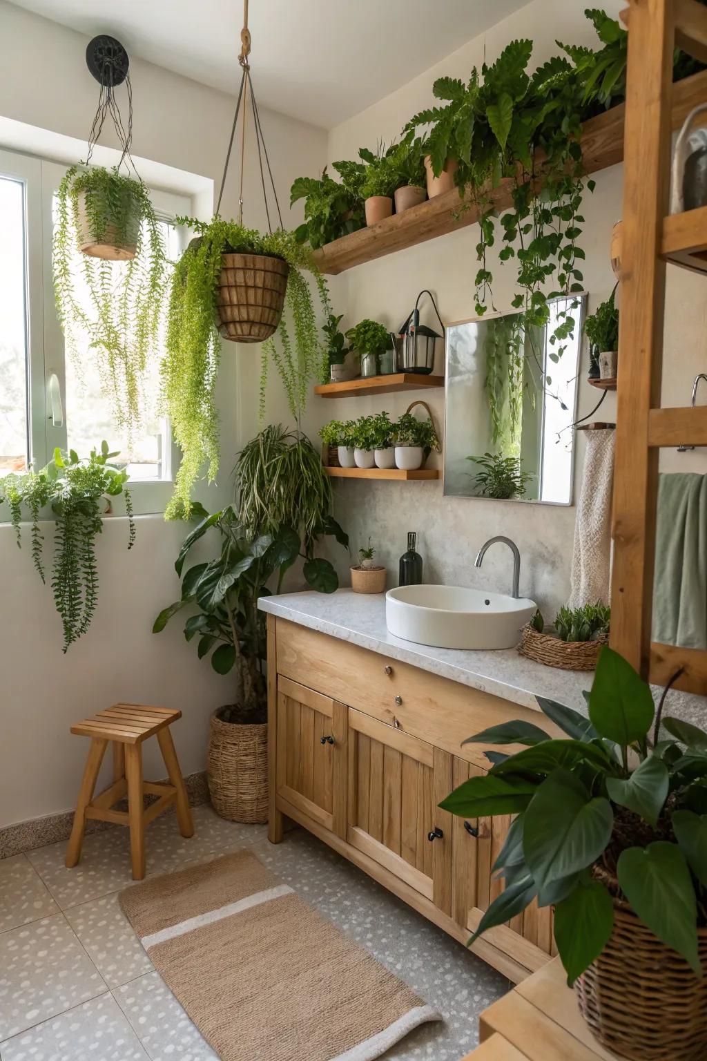Convert your restroom into a serene natural retreat with abundant vegetation.
