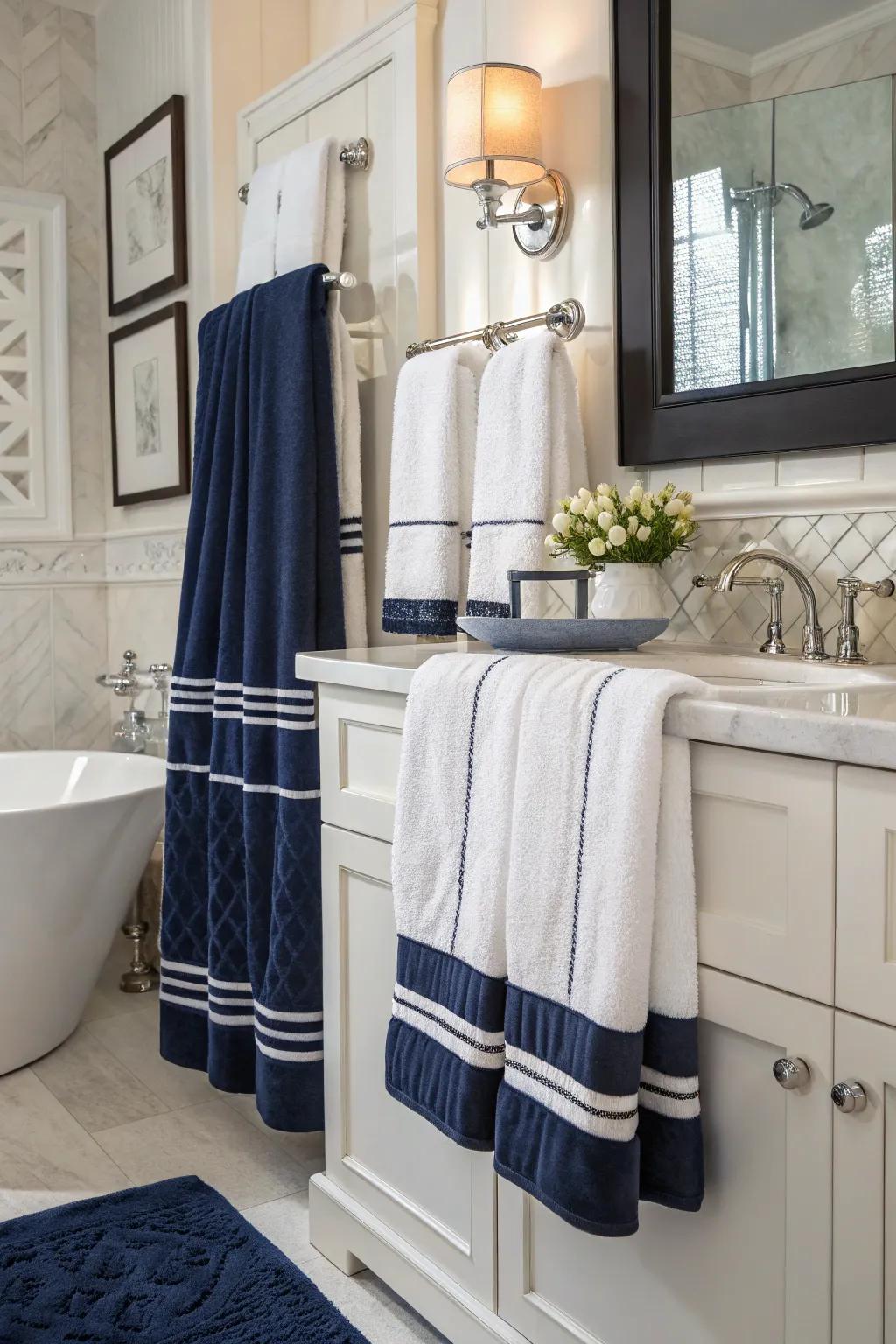 Cerulean and alabaster weaves bring an everlasting elegance to any bathroom.