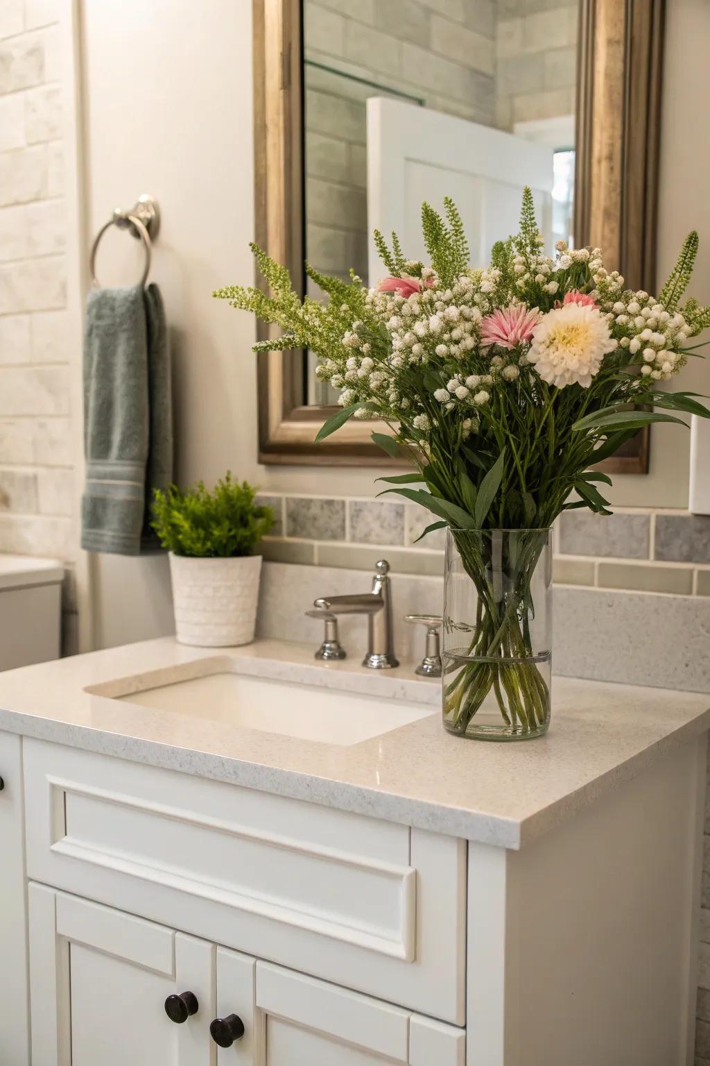 Greenery introduces a revitalizing element to any bathroom vanity.