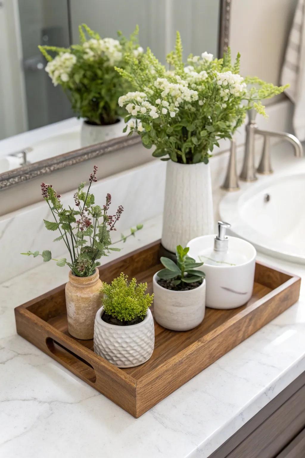 Organic accents imbue a vent of freshness to a lavatory arrangement.