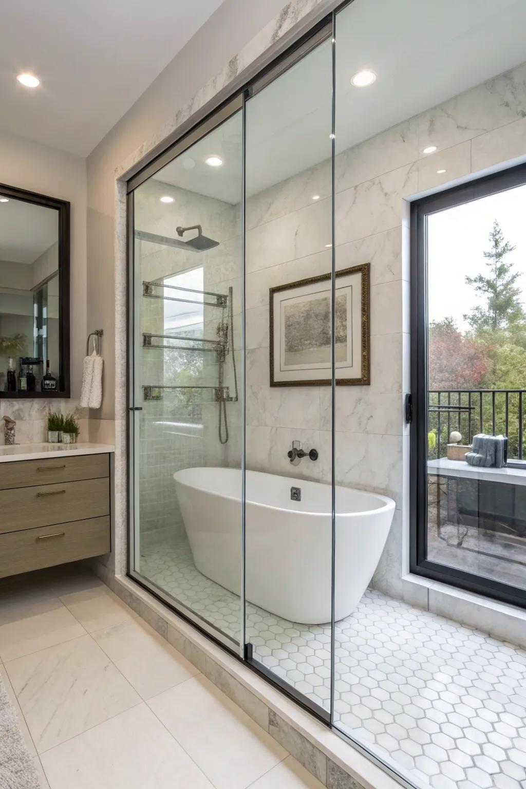 Unframed glass partitions give rise to a polished and spacious bathroom atmosphere.