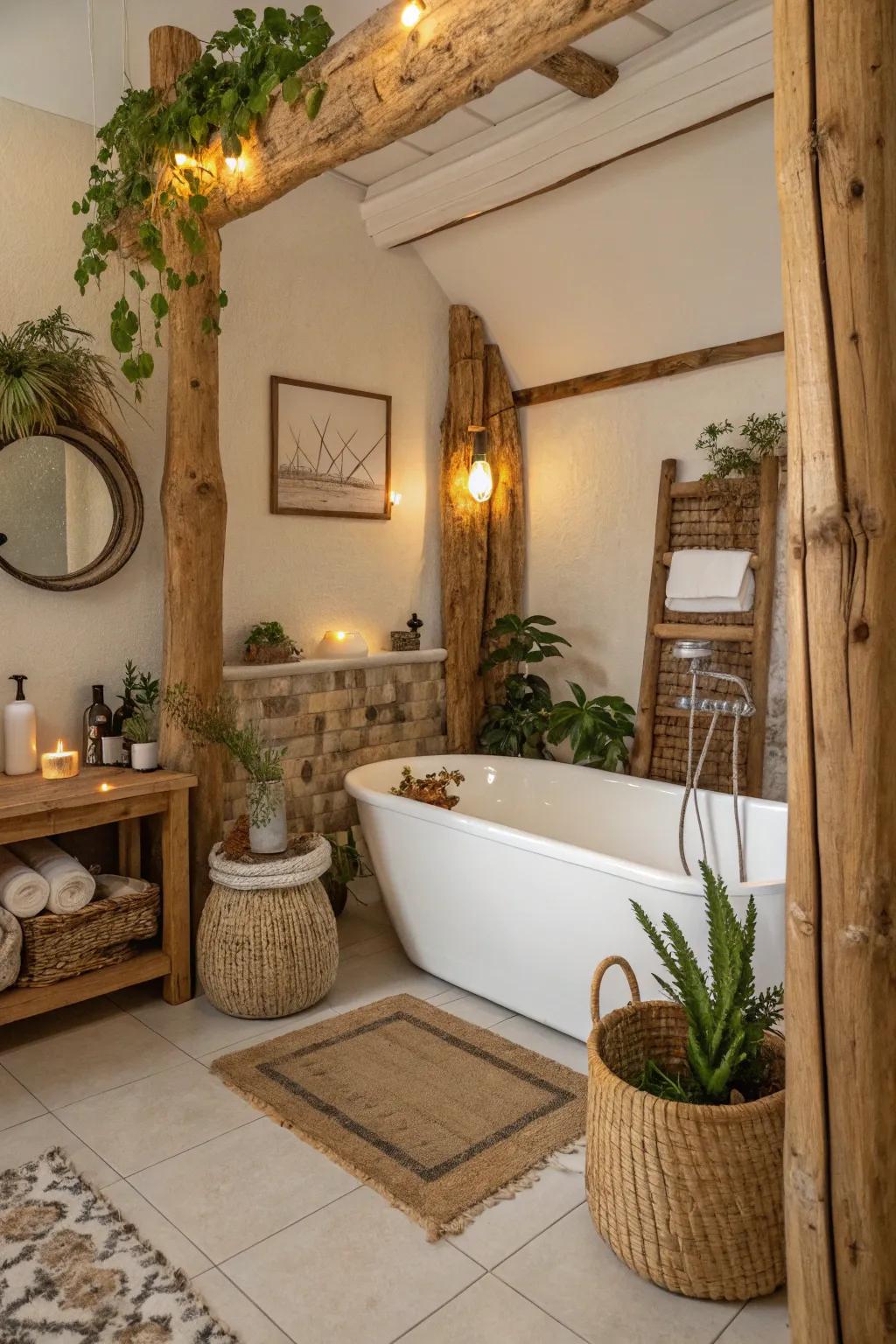 Capture rustic allure with a timber accent encircling your bathtub.