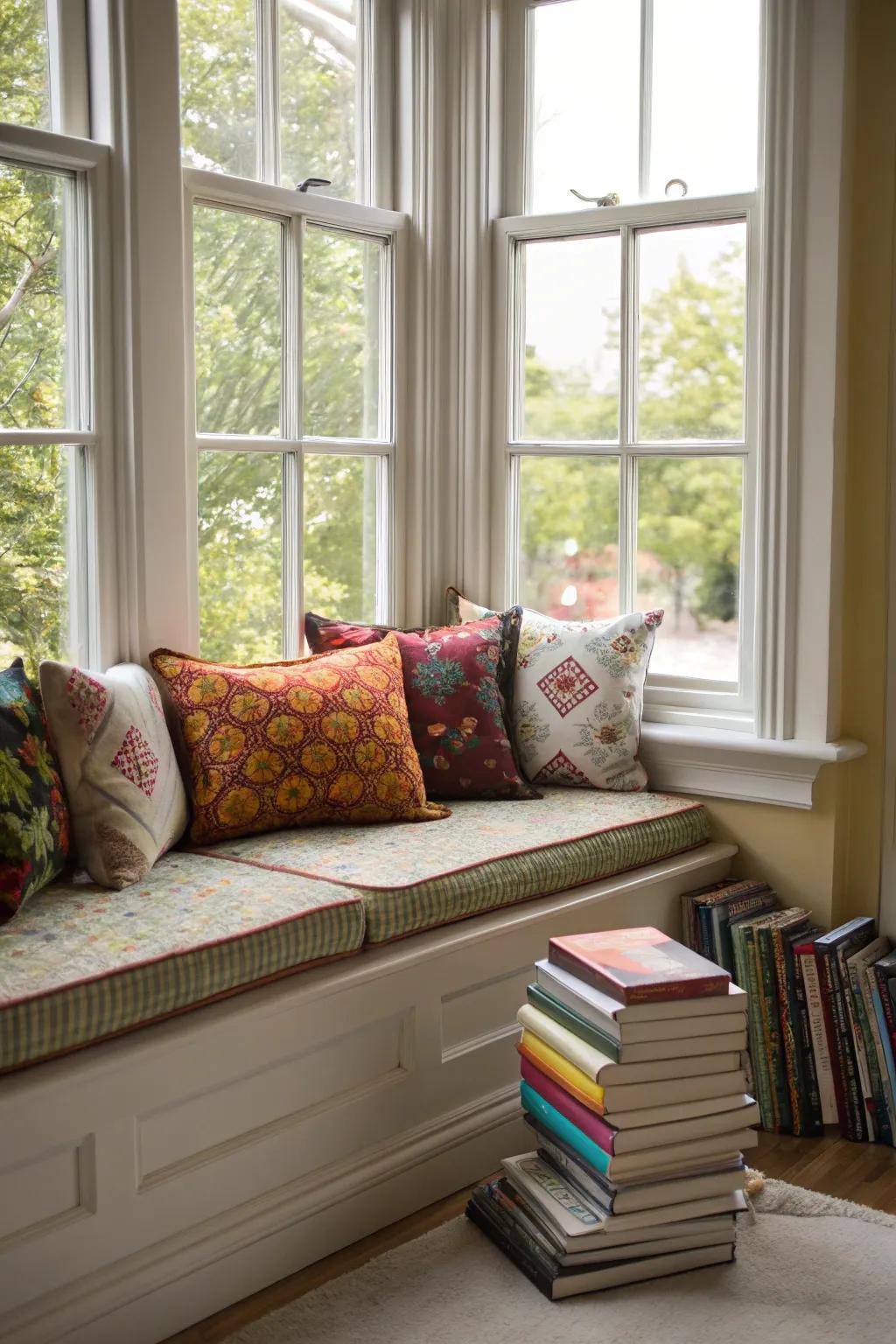 A cozy reading nook by the bay window is perfect for literature lovers.