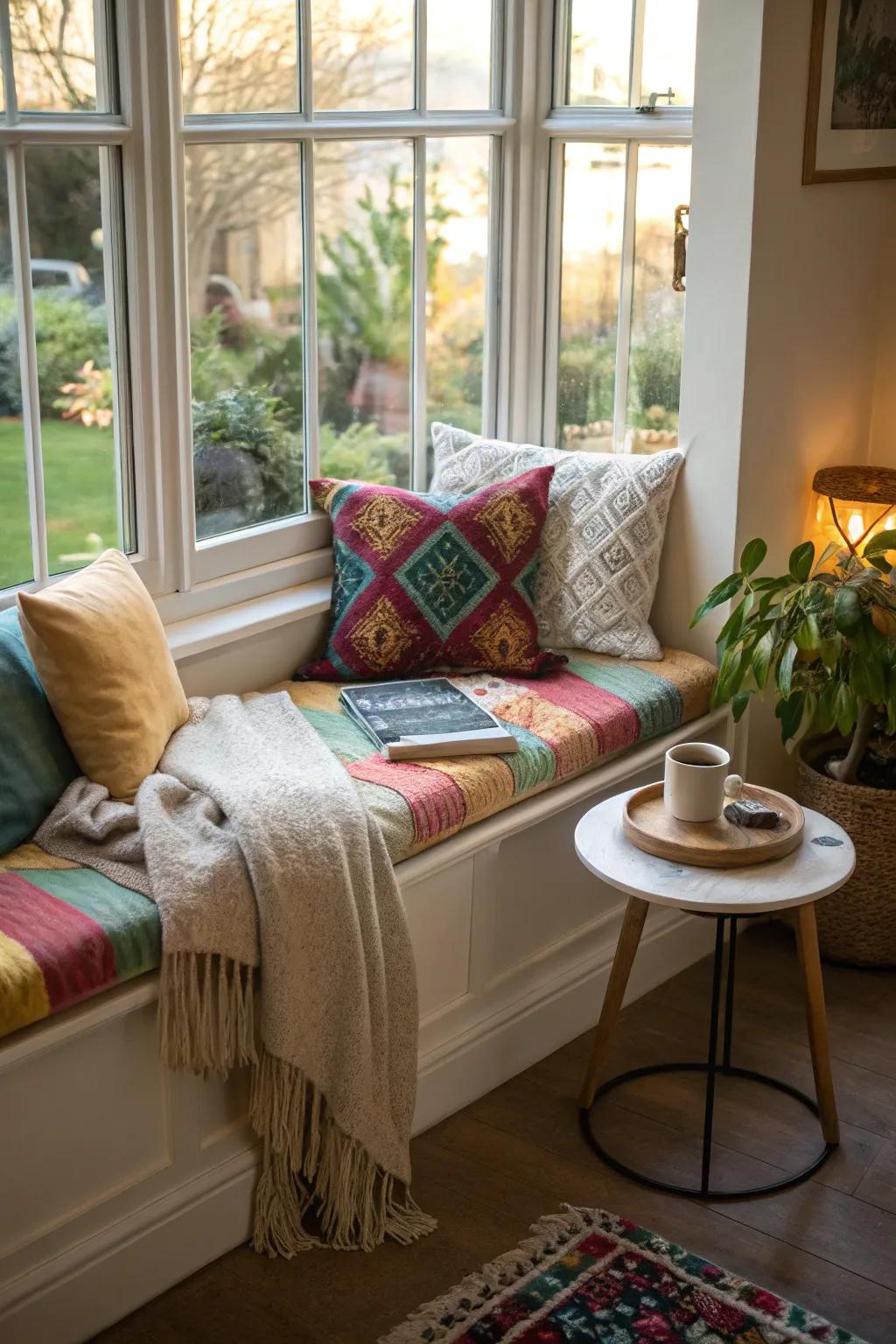 Develop a snug seating alcove featuring vibrant cushions and a delicate throw.