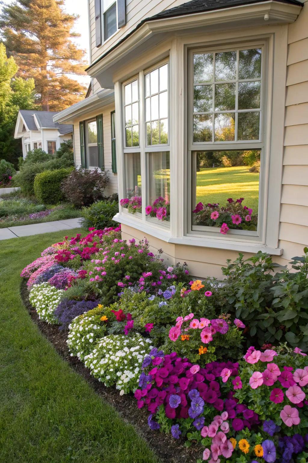 A vivid flower bed with rainbow starflowers and cheerful faces illuminating a bay window.