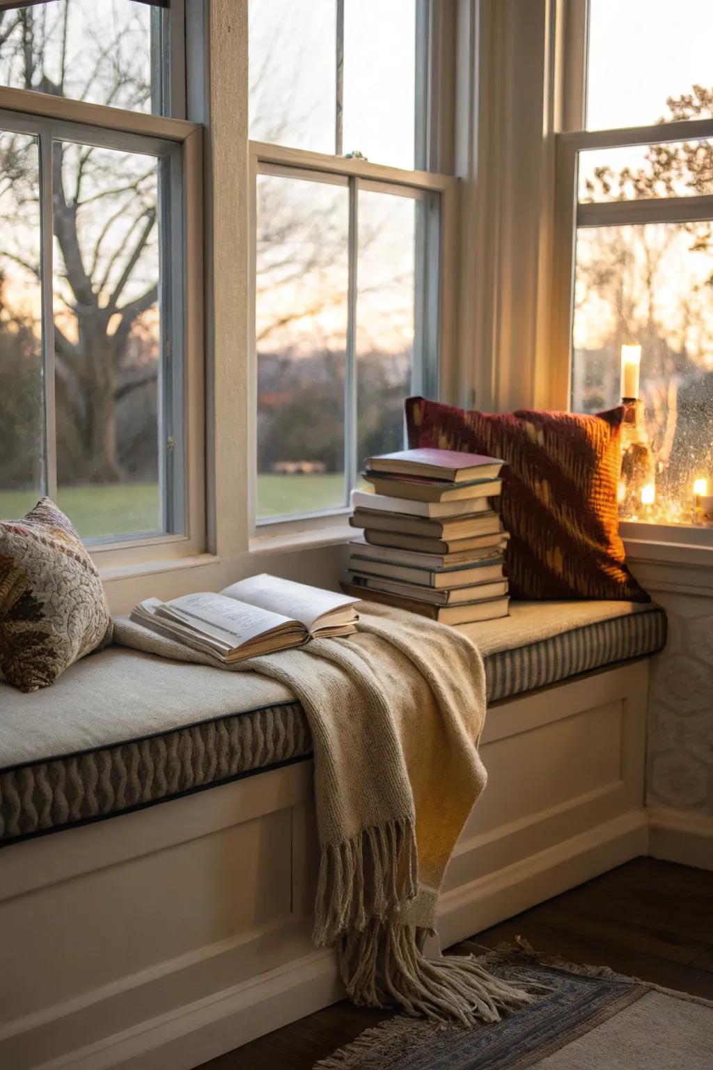 A cozy reading nook by the bay window is perfect for book lovers.