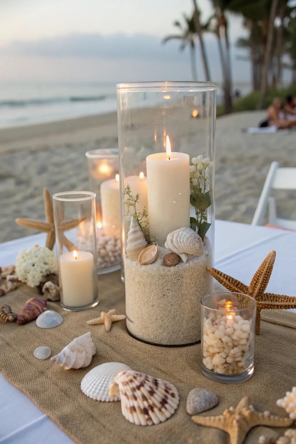 Seashells paired with delicate candlelight for captivating beach-inspired table decor.
