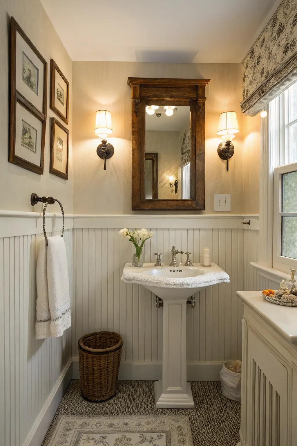 A lovely bathroom featuring a vintage mirror and beadboard half-walls.