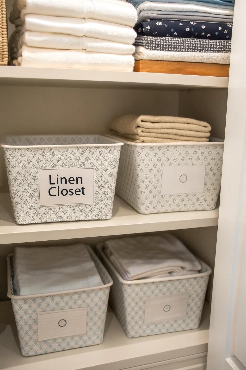 Labeling bins makes finding the correct sheets a simple task.