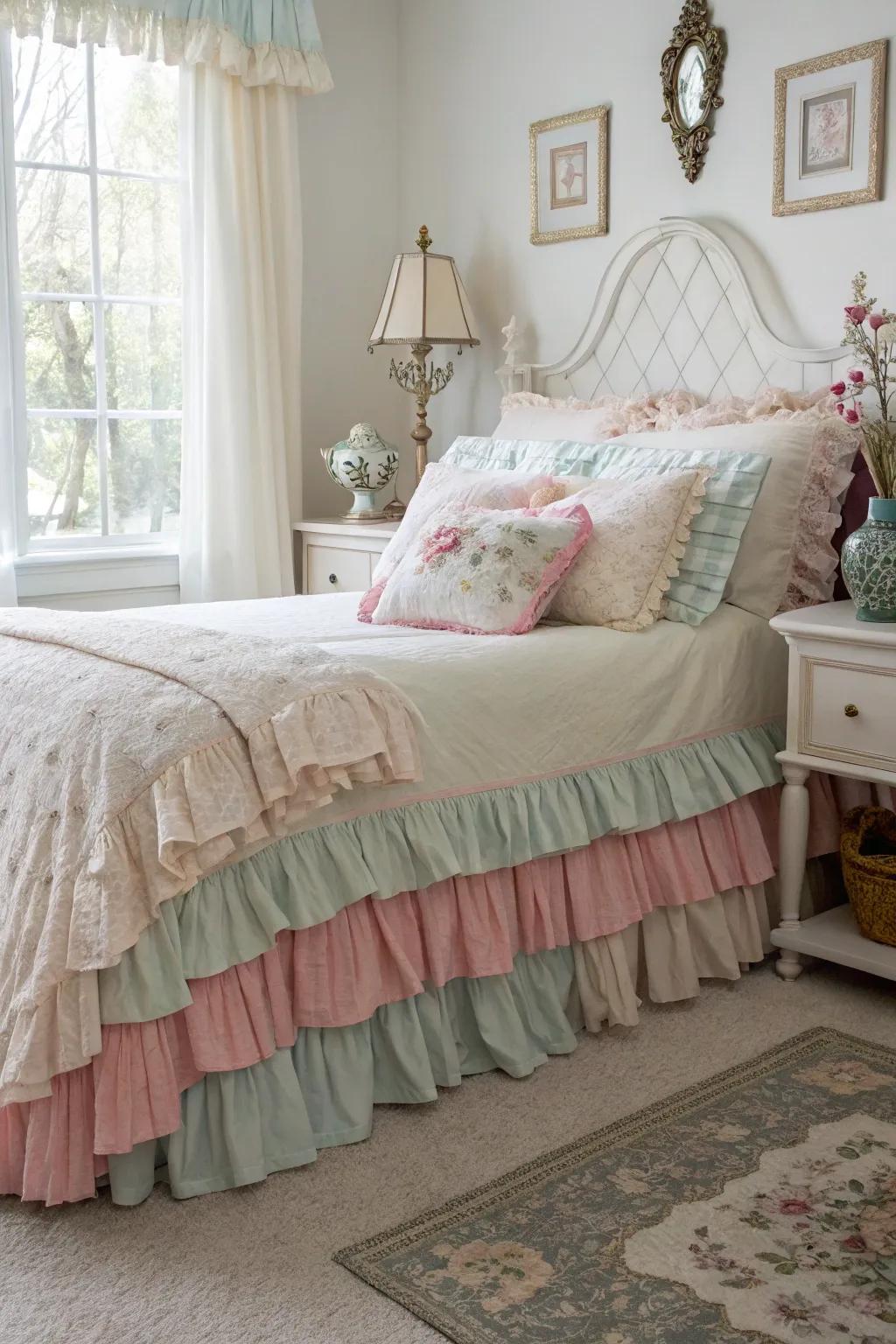 The ruffled bed skirt introduces a romantic and inviting nuance to the setting.