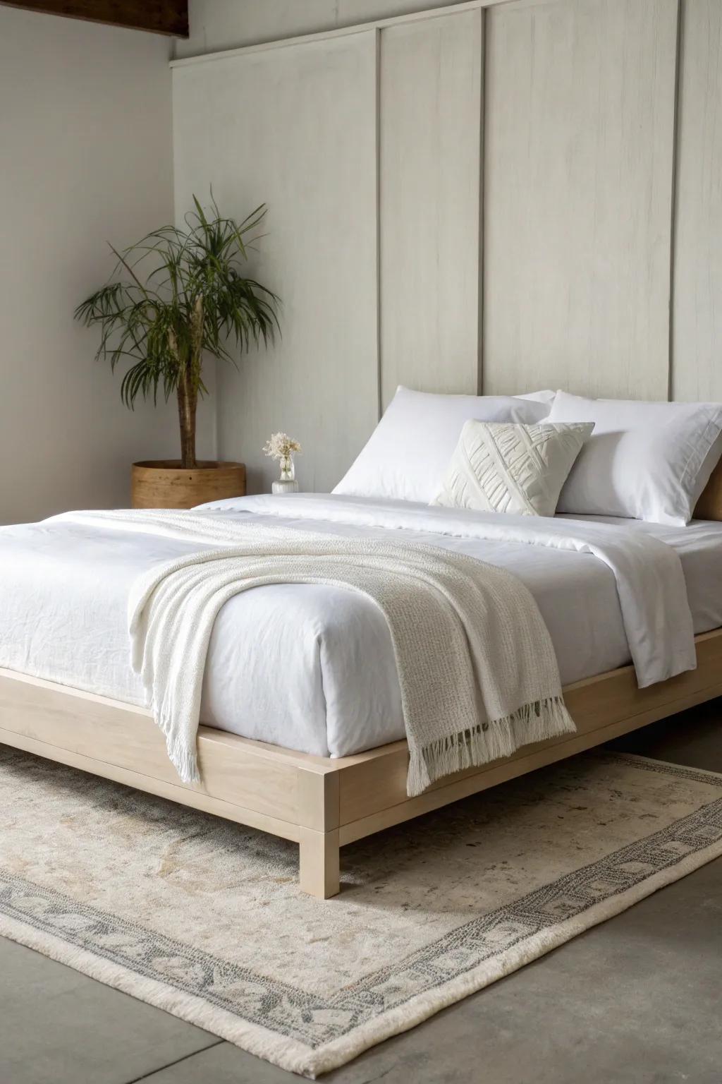 A minimalist approach using uncomplicated bedding can produce a tranquil escape.