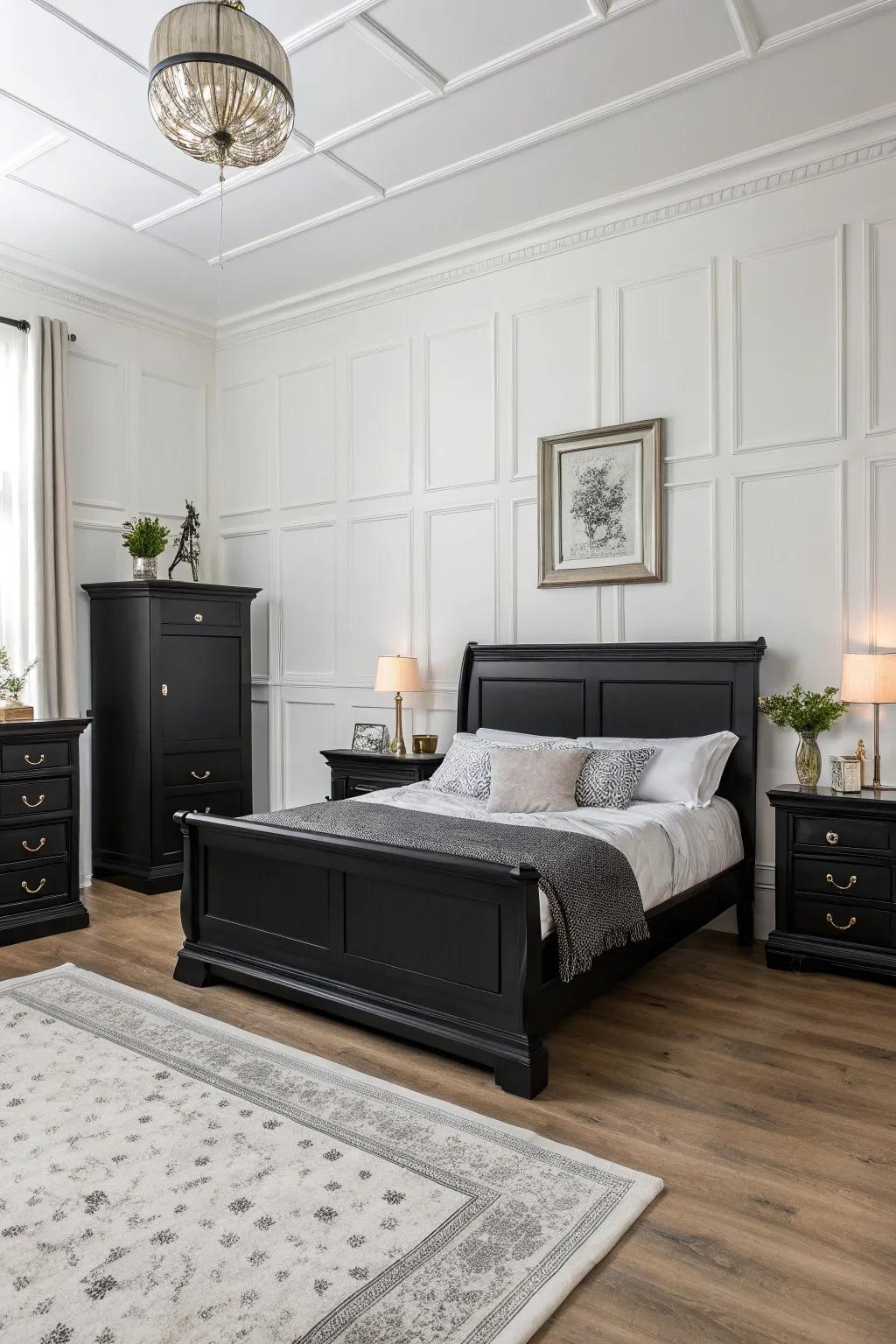 Elegant ebony furnishings situated against a canvas of pristine white walls for a timeless visage.