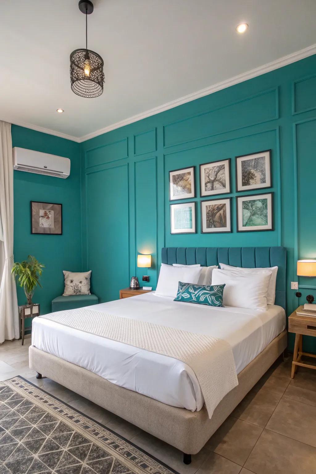 A bedroom showcasing a captivating turquoise highlight wall.