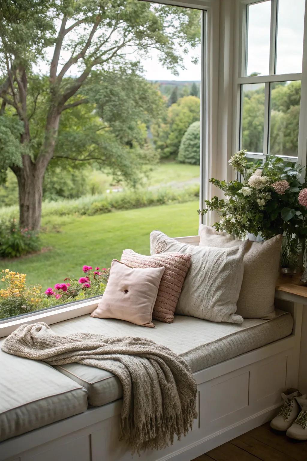 A delightful window seat in a bedroom, excellent for unwinding and appreciating the garden view.