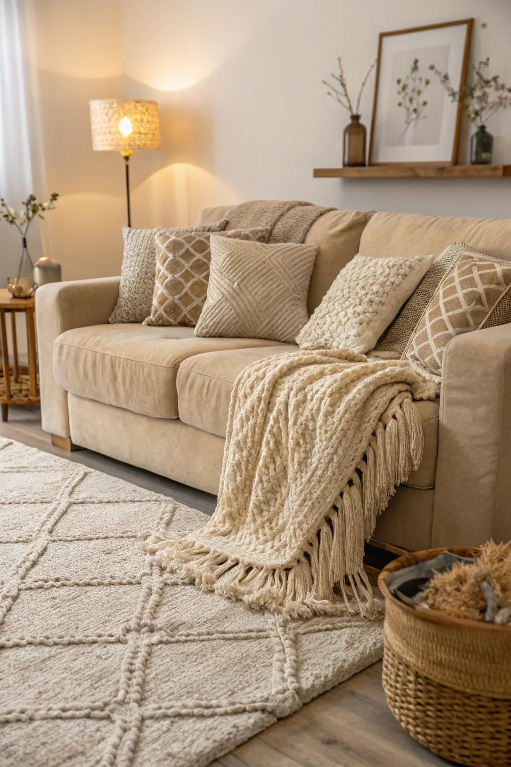 Textures breathe life into a beige living room.