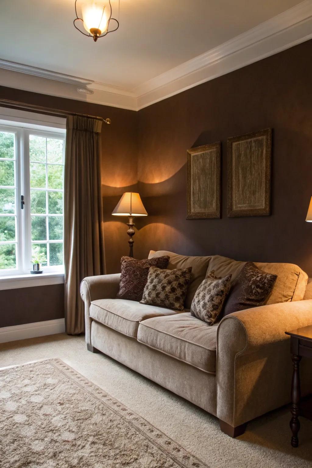 An inviting living space swathed in the comforting embrace of cacao brown.