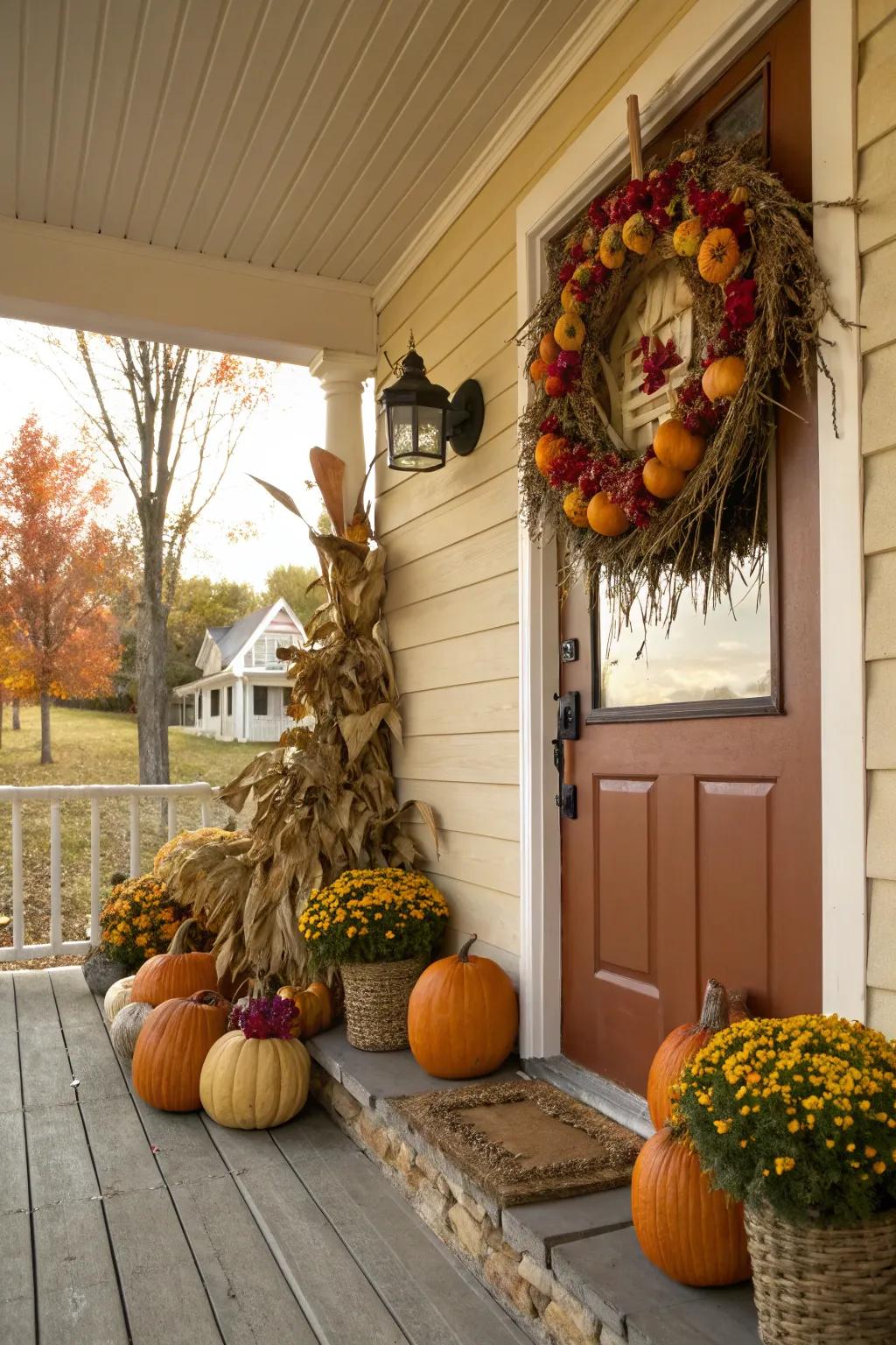 Extend a welcome to visitors with an inviting porch filled with gourds and seasonal appeal.