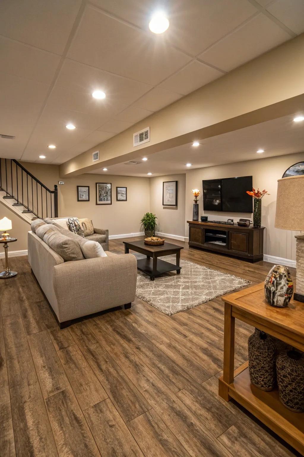 Premium vinyl planks provide both visual appeal and durability for basement floors.