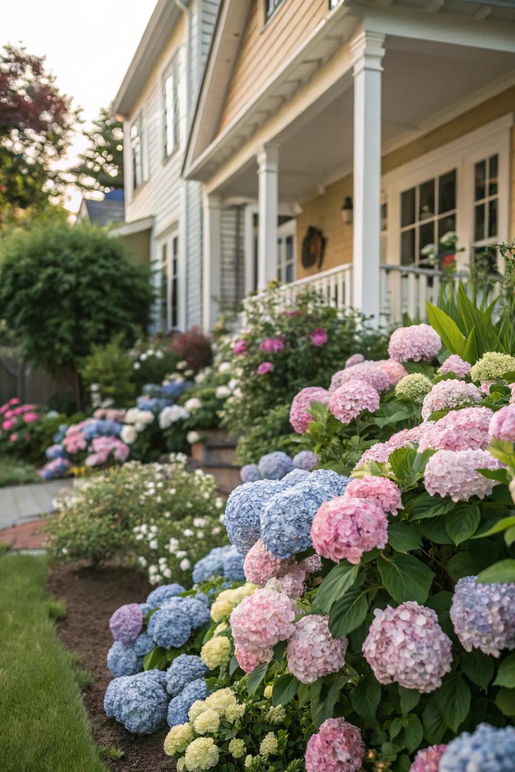 Hydrangeas deliver a vibrant spectacle of hues and textures, ideal for accentuating your home's entryway.