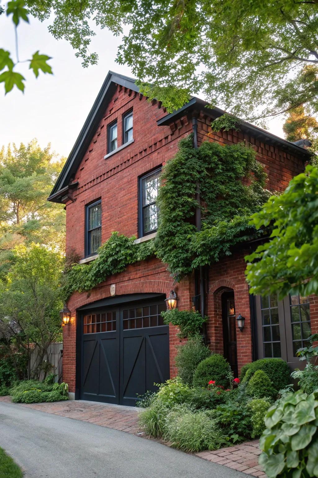 An ebony garage door infuses sophistication into red brick homes.