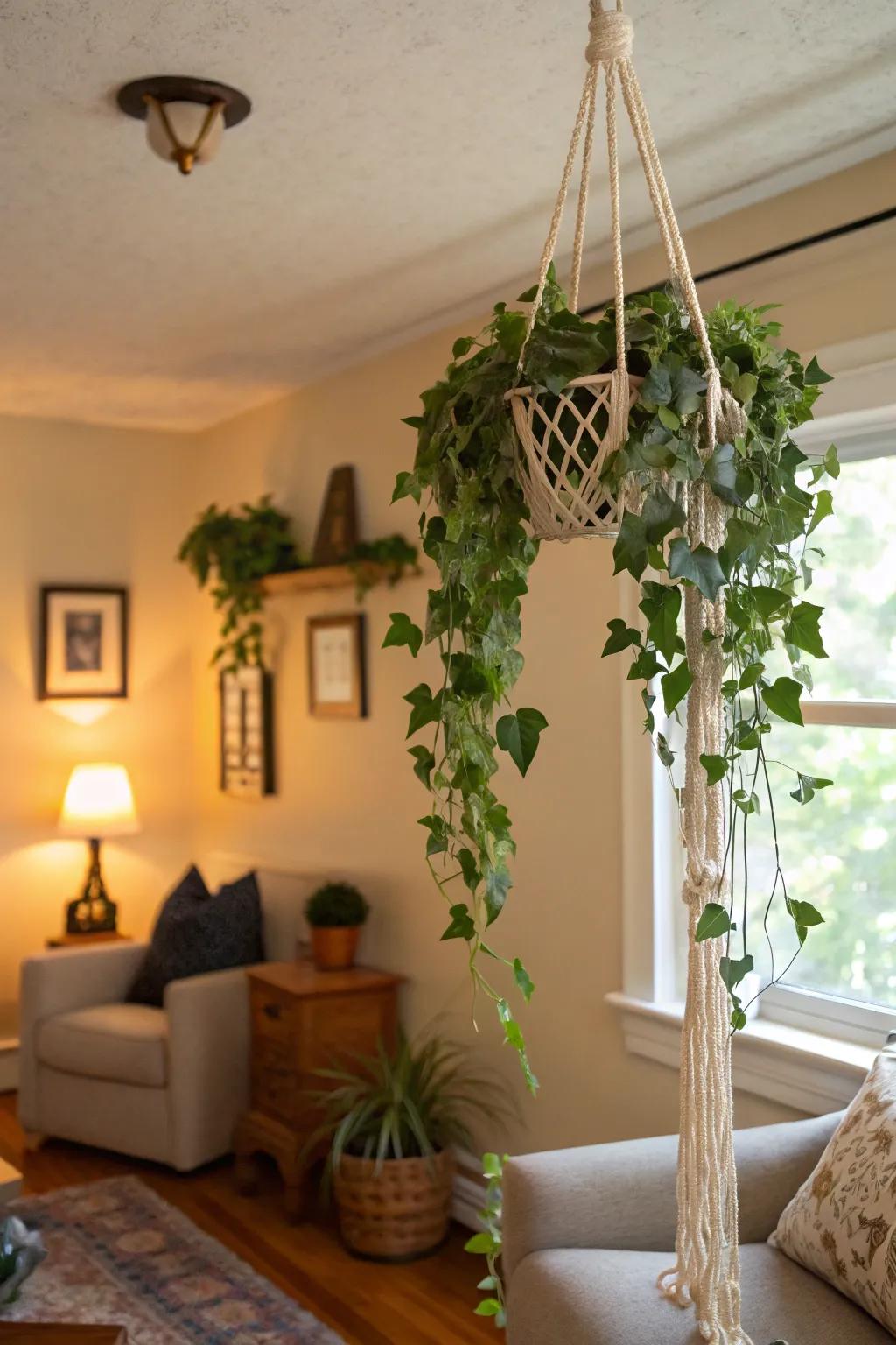 Bohemian flair with macramé plant suspensions.