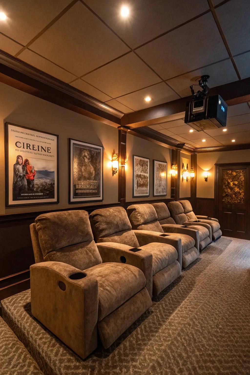 Reclining seating providing unparalleled comfort within a welcoming home theater arrangement.