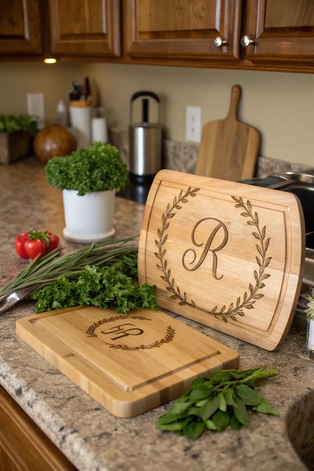 A personalized timber board introduces an exclusive touch to any cooking space.