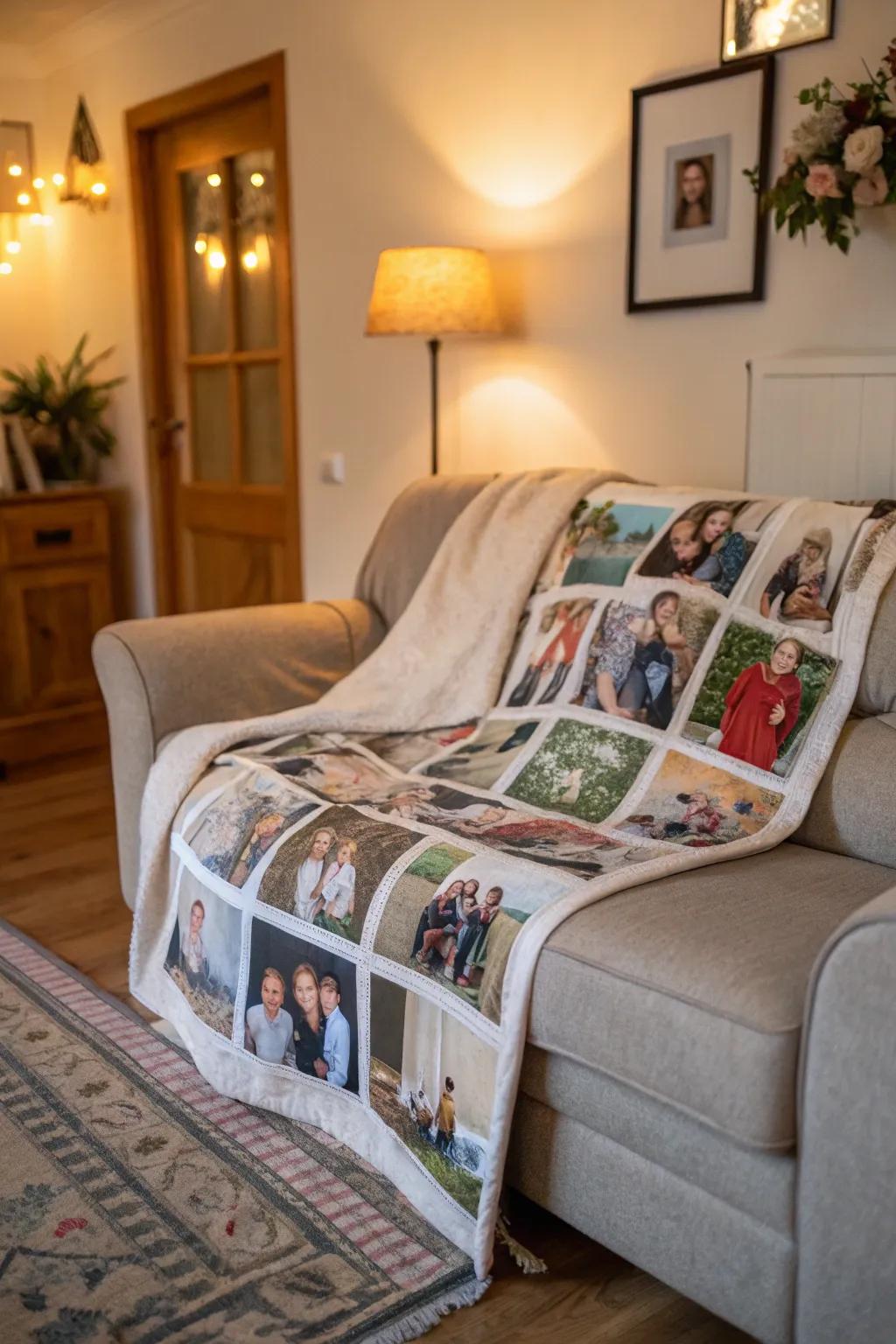 A family collage blanket enshrines treasured instances.