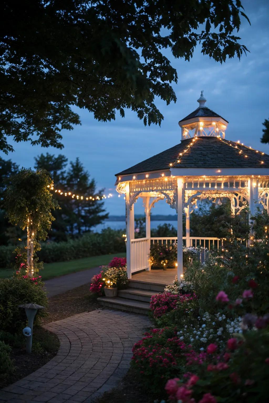 String lights artfully arranged around a gazebo craft an enchanting and playful setting.