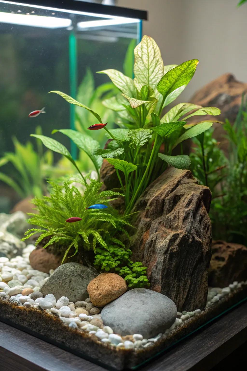 A vibrant aquatic garden with live plants, ideal for your betta.