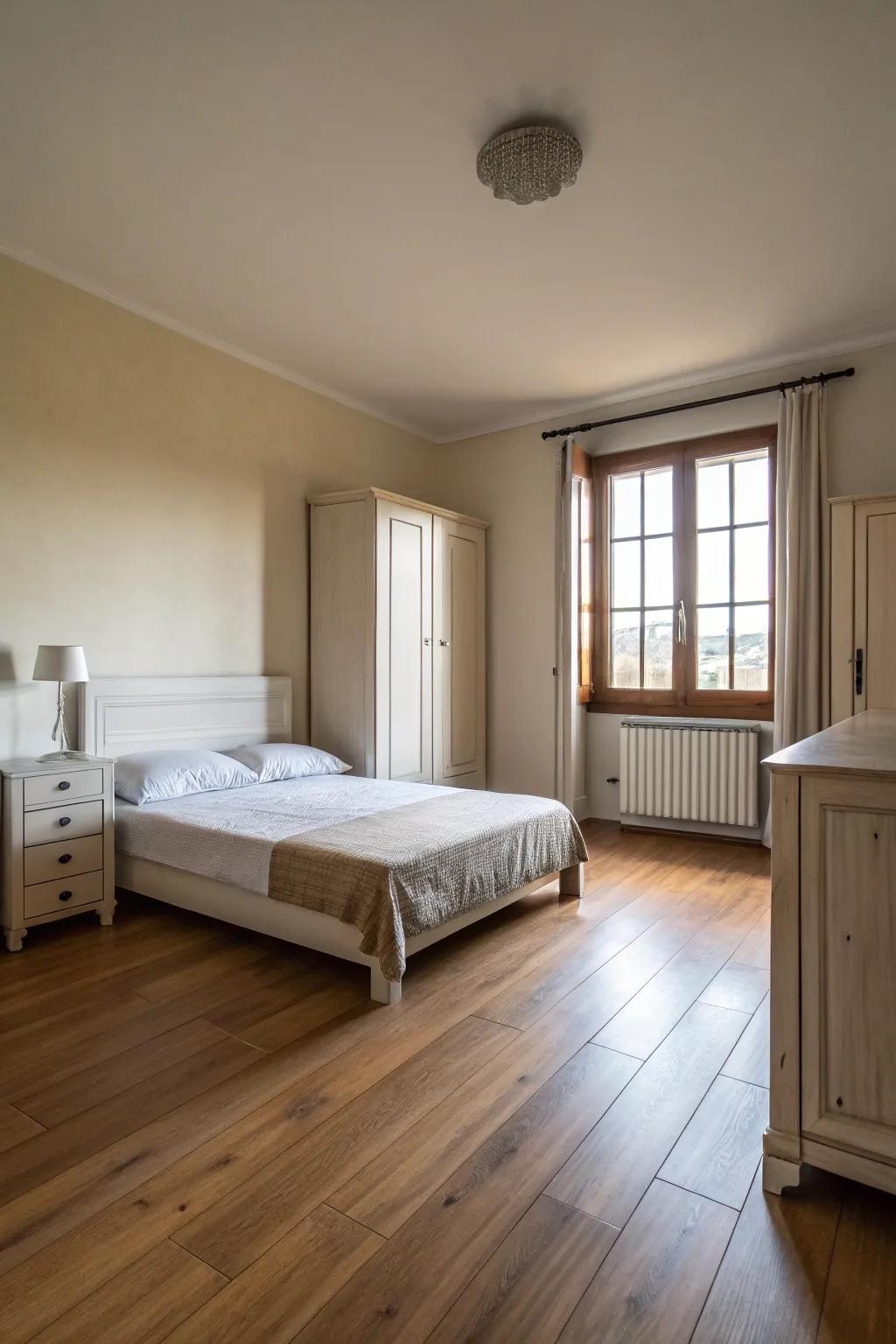 A generously sized bedroom featuring minimal furniture, highlighting unencumbered floor space and serenity.