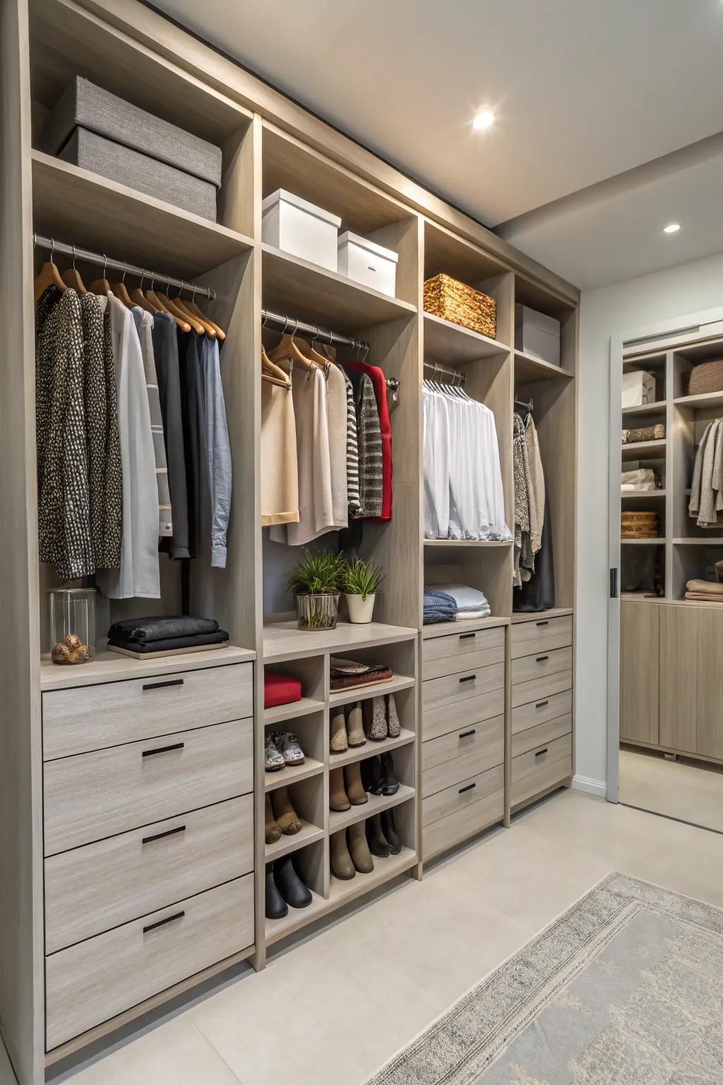 A generous closet featuring a mix of storage solutions, including drawers, shelves, and hanging systems.