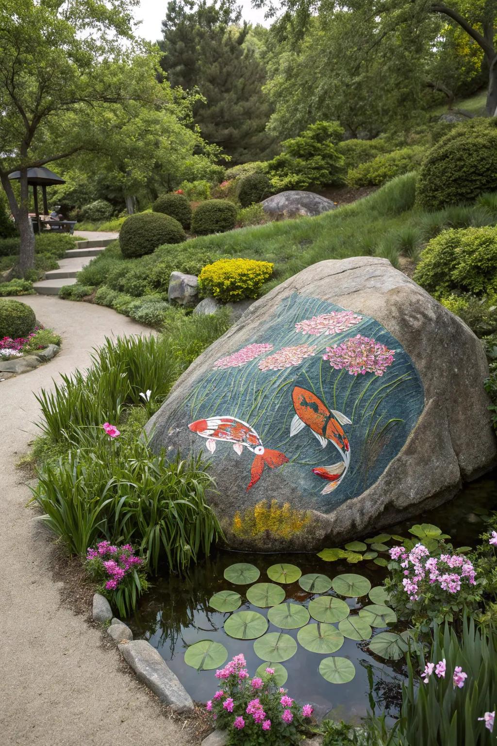 Infuse serenity into your garden with stones painted with koi.