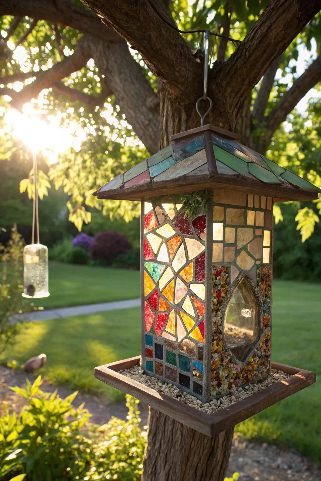 A striking mosaic bird feeder, ideal for bringing an artistic touch to your garden.