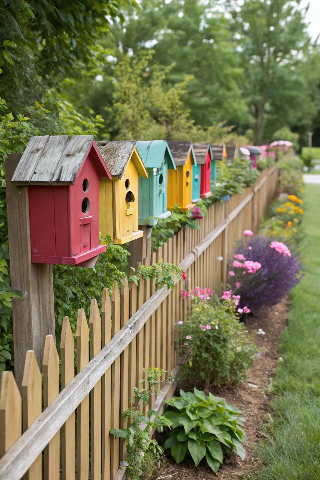 A compilation of vividly painted birdhouses introduces an animated flair to a wooden fence.