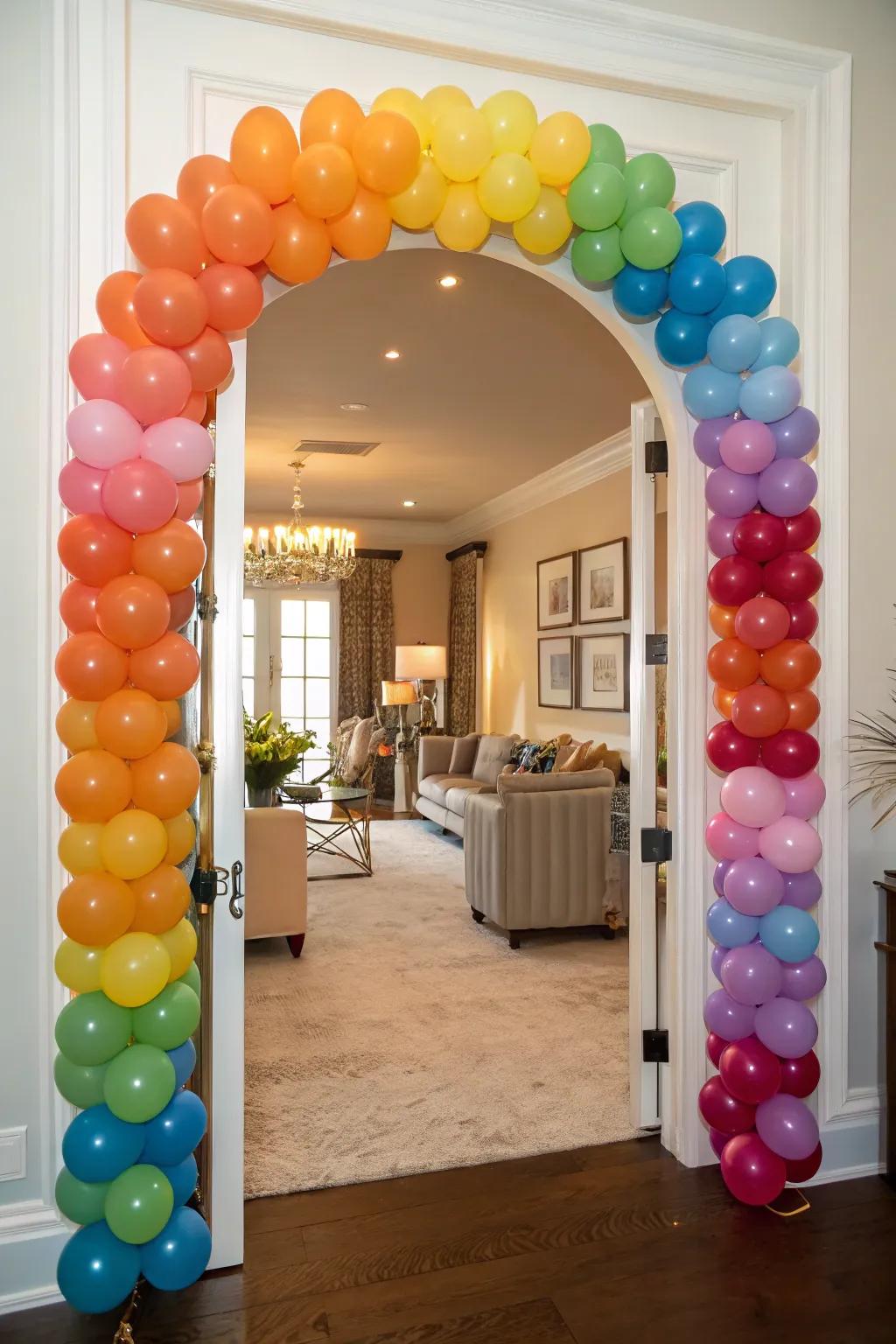 A vibrant balloon arch provides a welcoming and festive entrance for birthday celebrations.