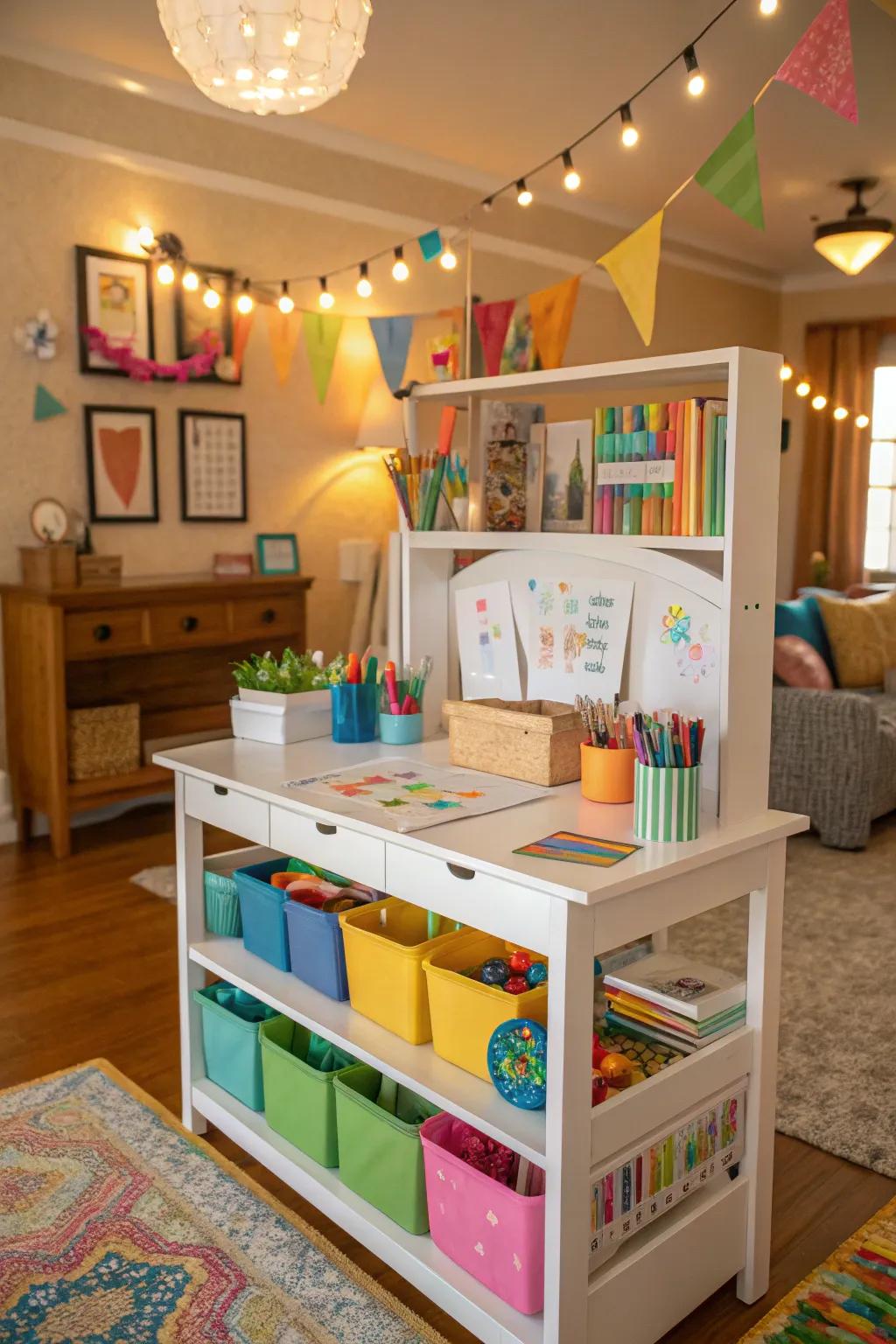 An attractive art creation hub stocked with creative supplies.
