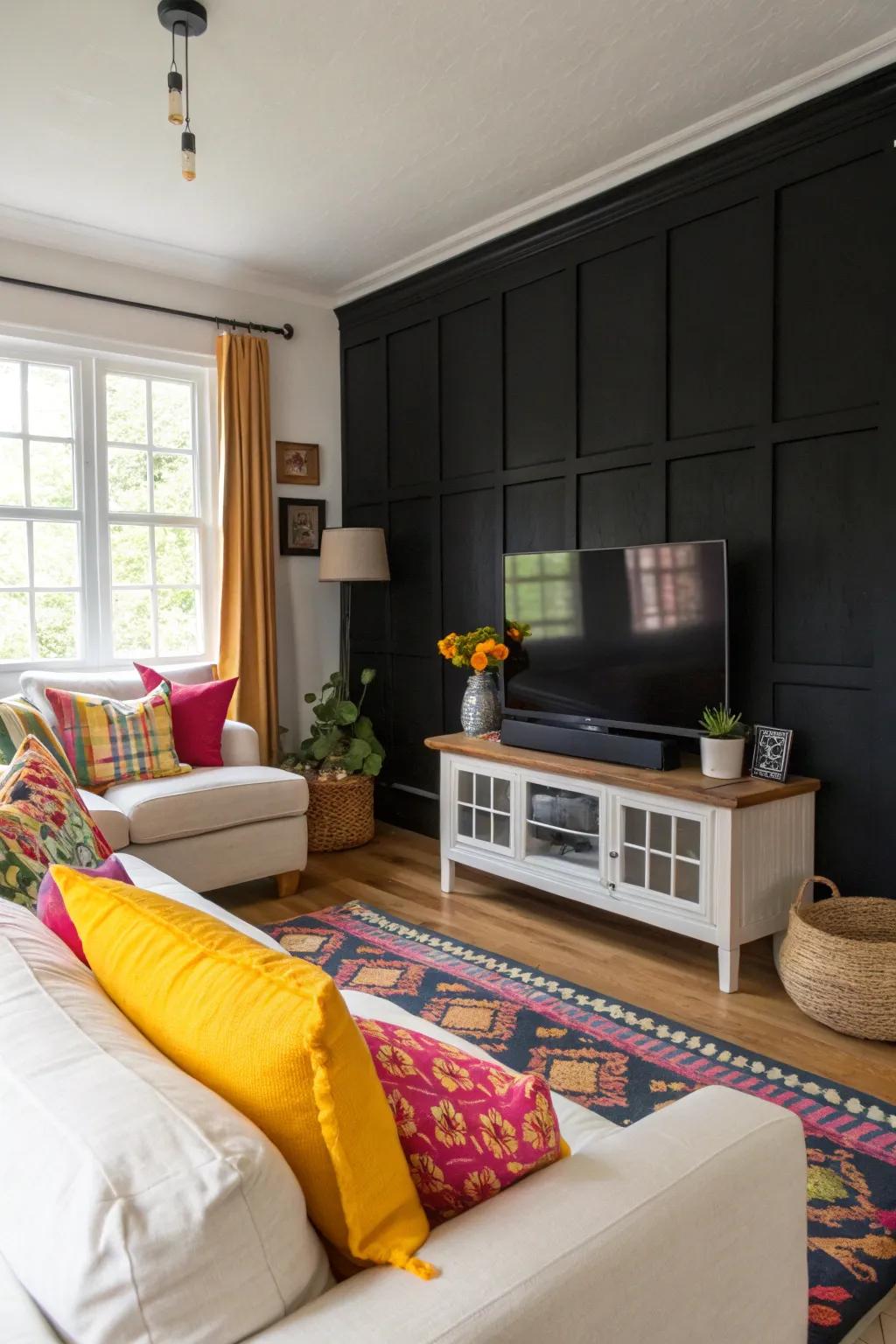 Radiant ornamentation appears elegantly set against a dark-painted focus wall.