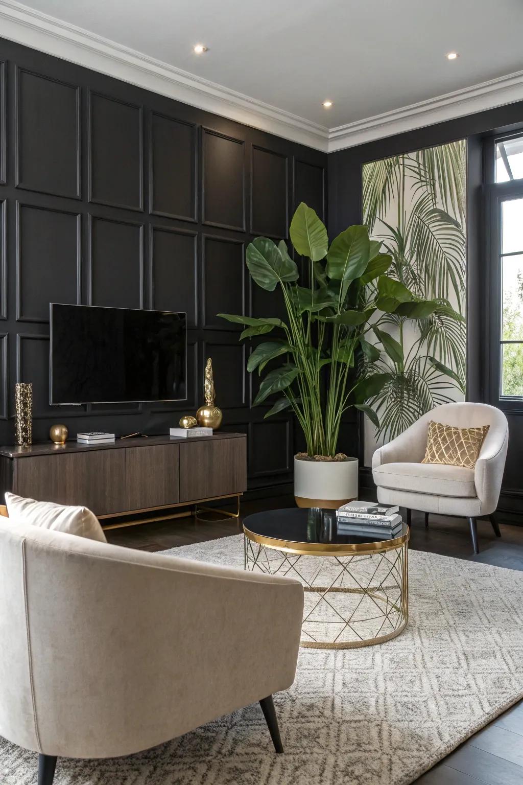A fashionable living space showcasing a black accent wall, up-to-date furnishings, and verdant plants for a revitalizing ambiance.