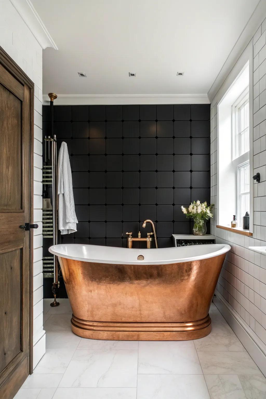 A copper bathtub is the focal point against a black backdrop.