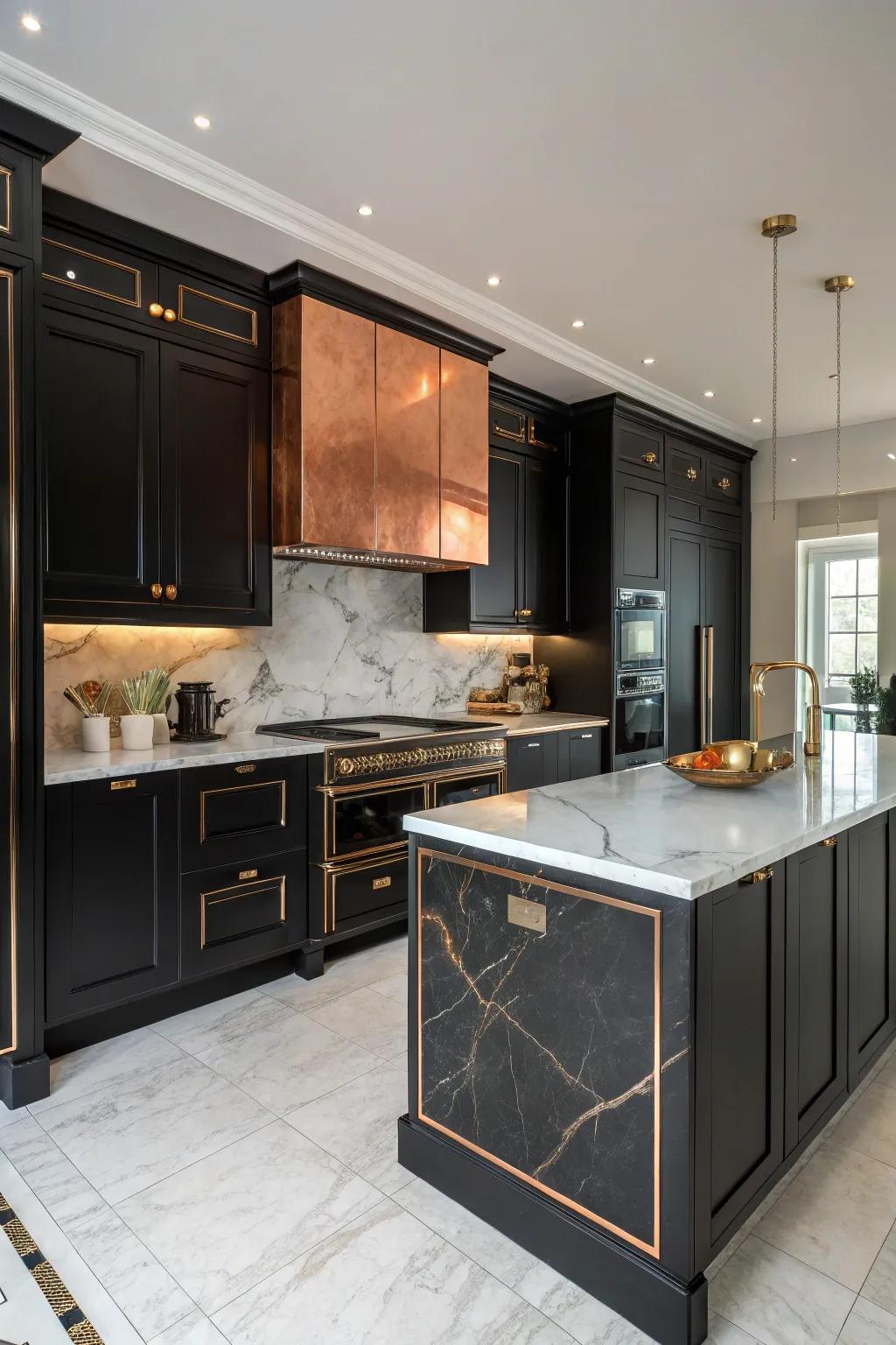 Black cabinets and bronze countertops create a luxurious kitchen ambiance.