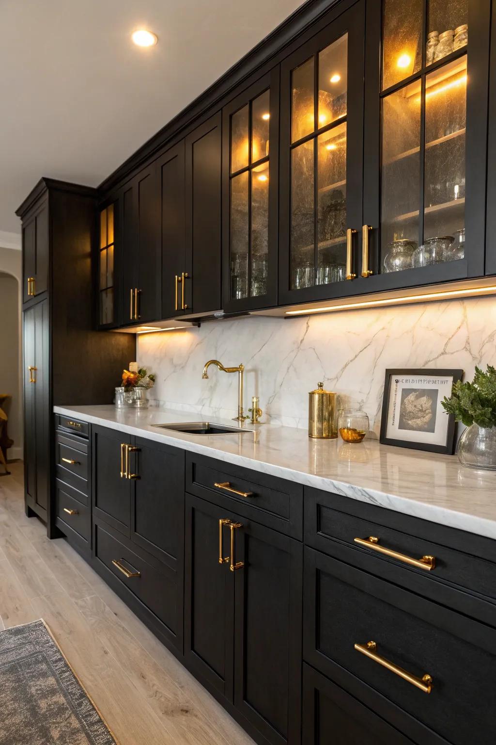 Dark cabinets with gilded handles establish a striking and elegant aesthetic.