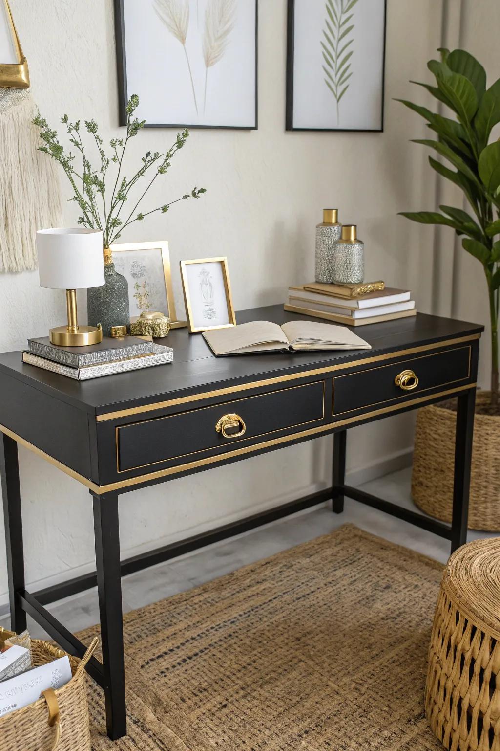 An ebony workstation accentuated with gilded trim introduces a sophisticated element to any office space.