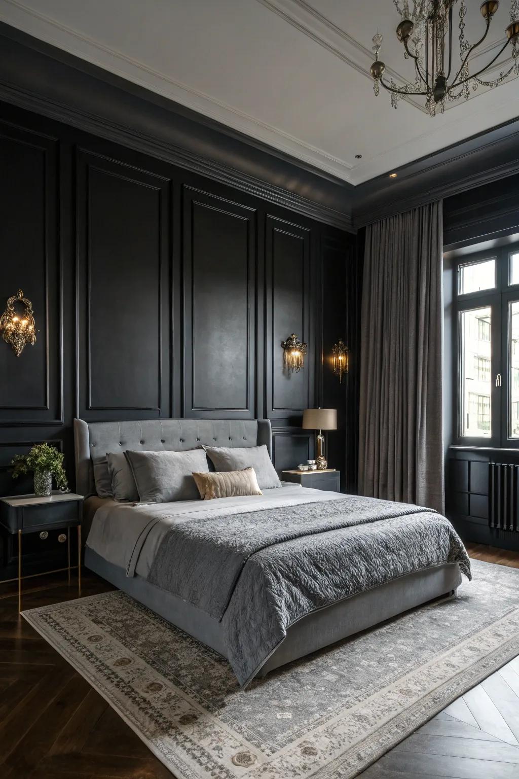 A bedroom featuring bold black walls and grey highlights, crafting a dramatic ambiance.