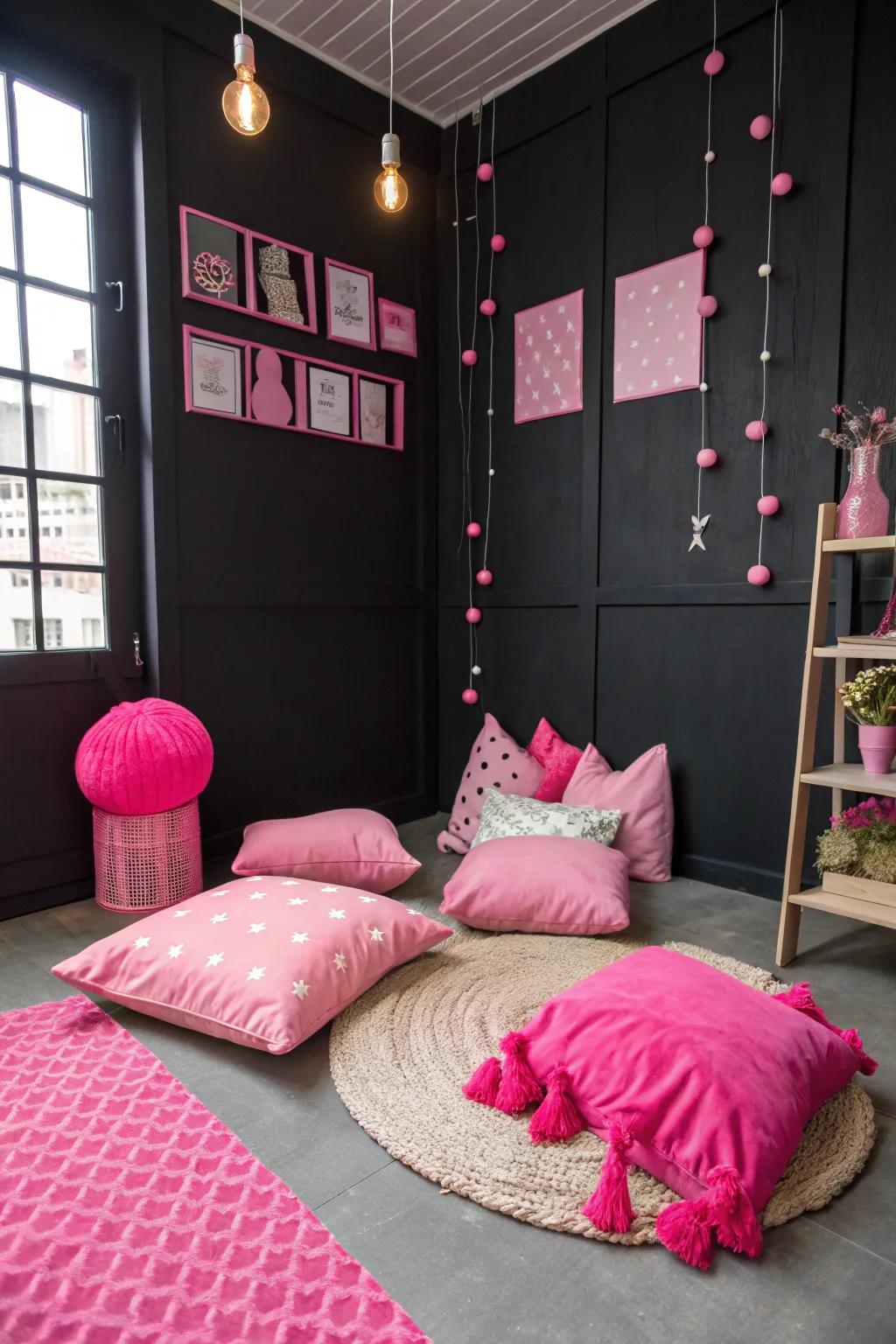 Bright rose features against black walls create a vibrant and fashionable contrast.