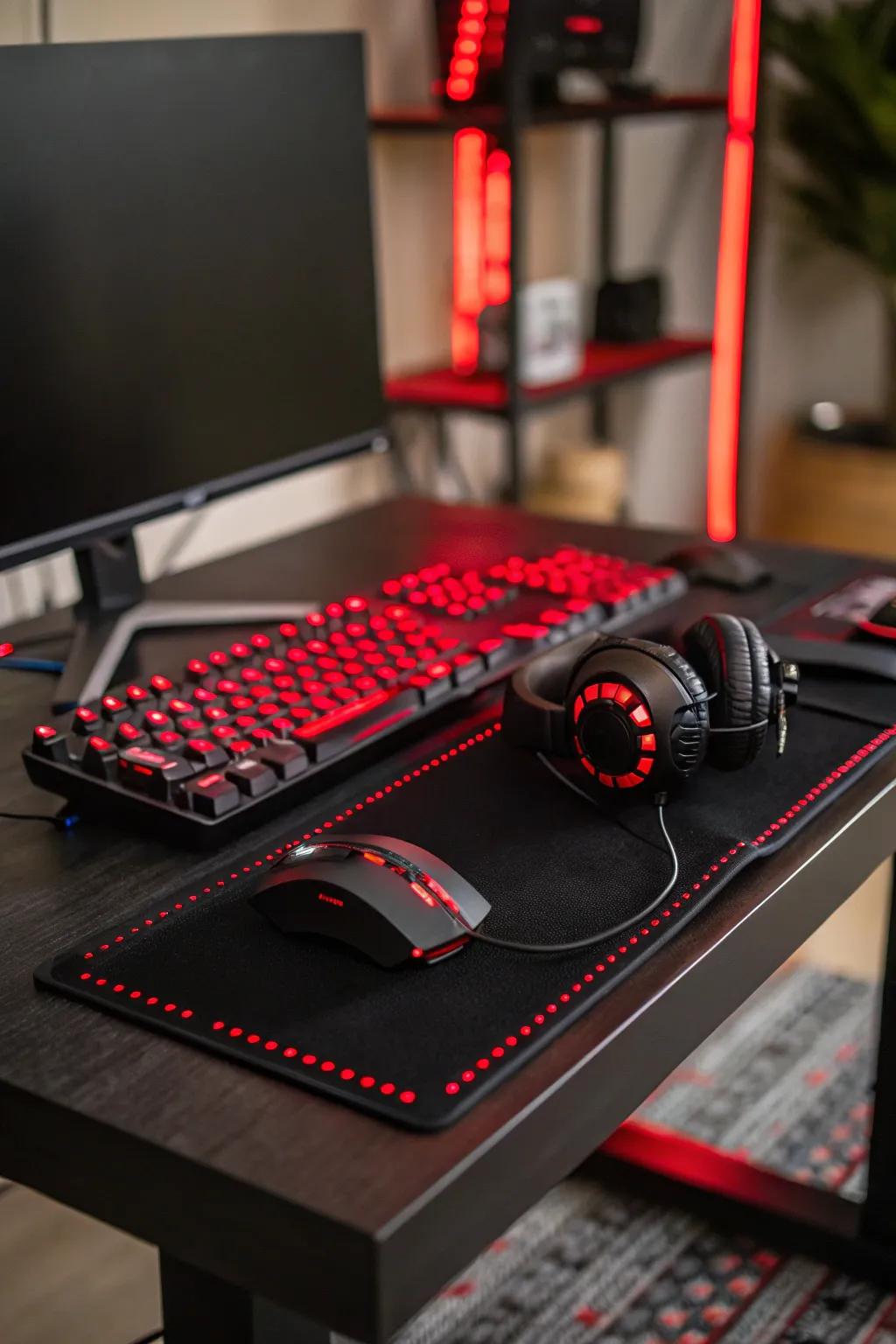 Scarlet LED lights give a cozy ambiance on a charcoal-colored gaming desk, enriching the environment.